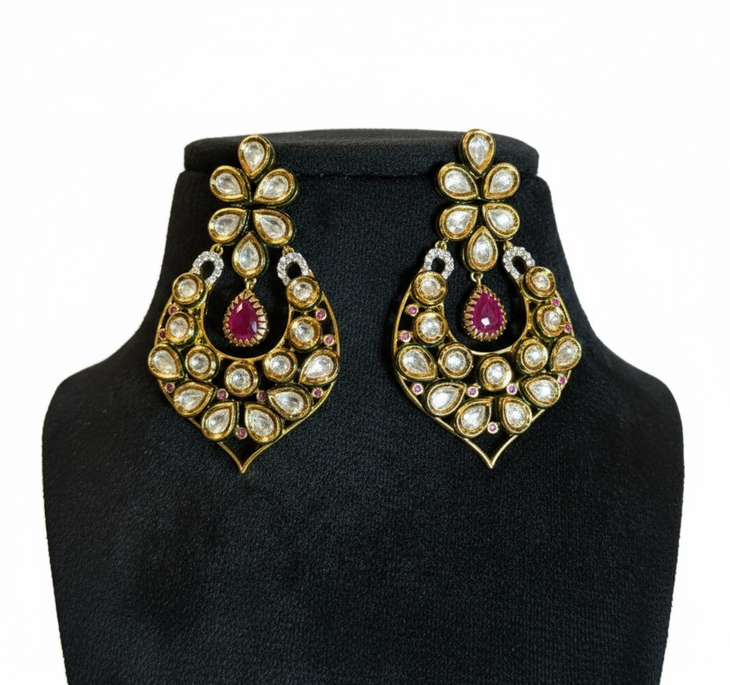 Elegant Floral Chandbali Earrings in High-Polish Silver