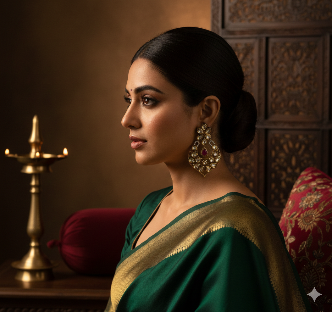 Elegant Floral Chandbali Earrings in High-Polish Silver